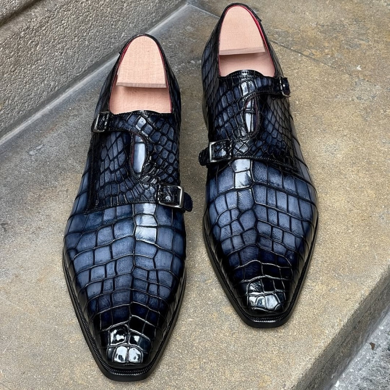 Asymmetrical Double Monk Strap - Full Smoked Grey Crocodile