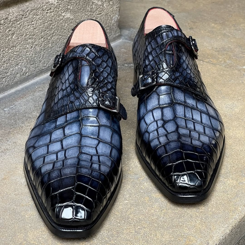Asymmetrical Double Monk Strap - Full Smoked Grey Crocodile