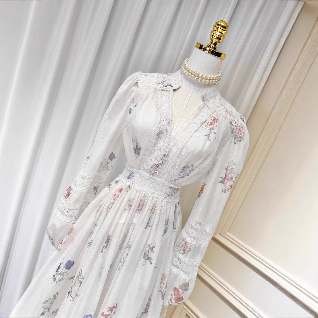 V-Neck Printed Long Sleeve Waist Dress