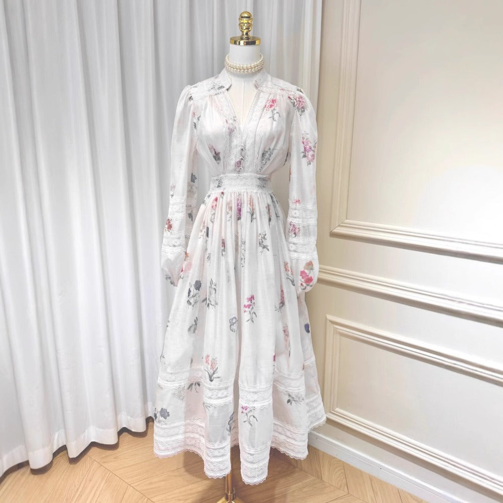 V-Neck Printed Long Sleeve Waist Dress