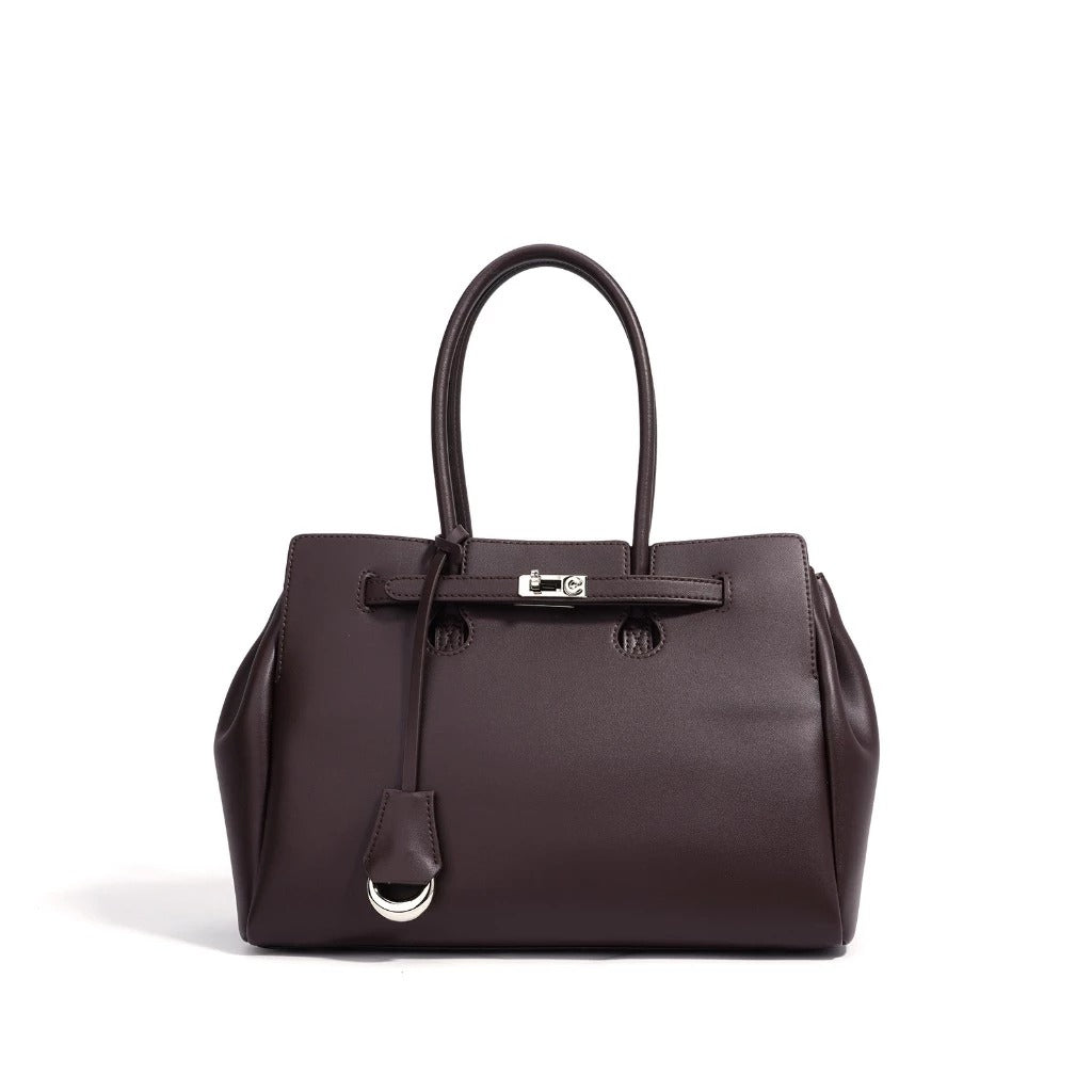 Large Smooth Cowhide Leather Handbag with Silver Lock