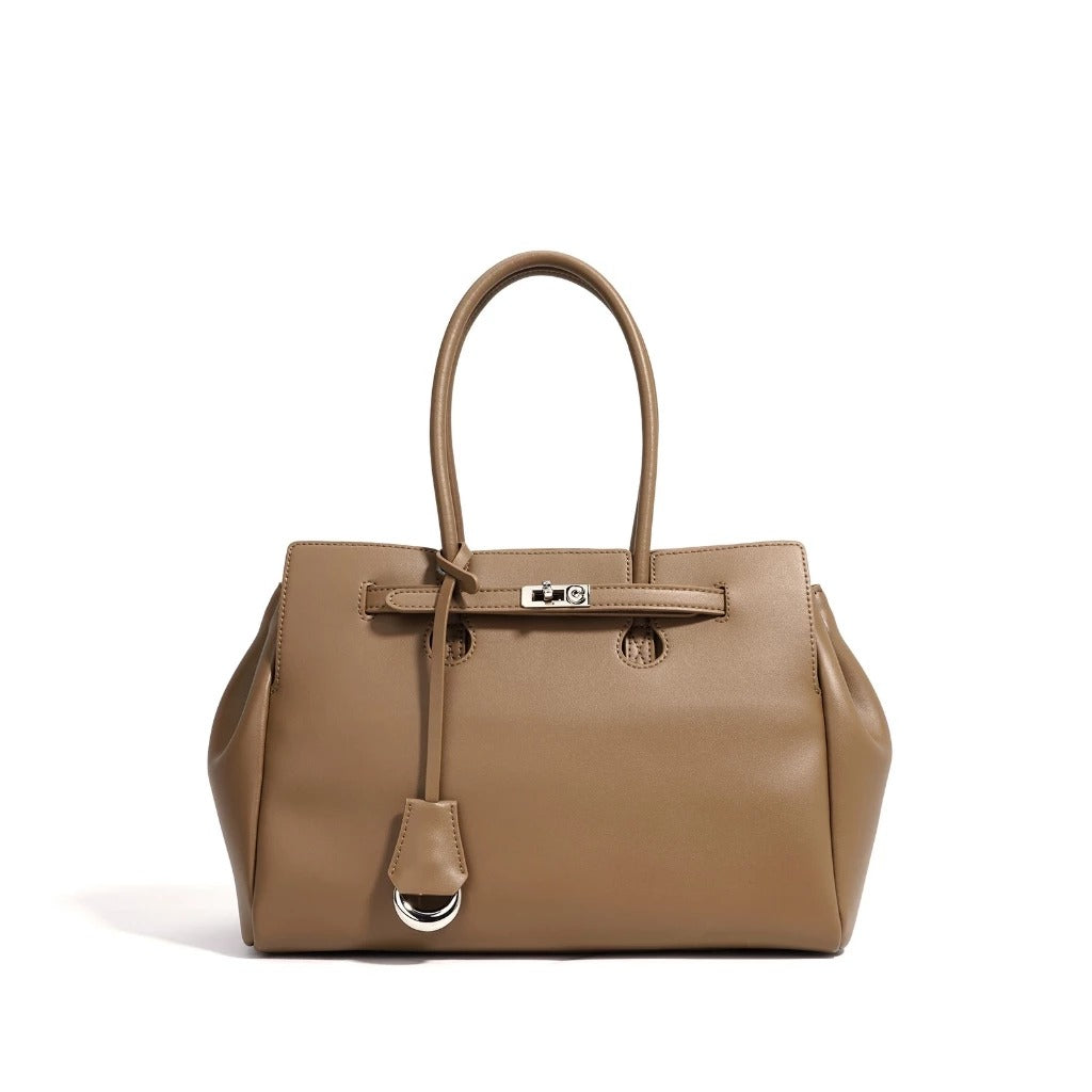 Large Smooth Cowhide Leather Handbag with Silver Lock