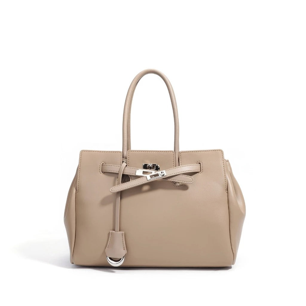 Large Smooth Cowhide Leather Handbag with Silver Lock