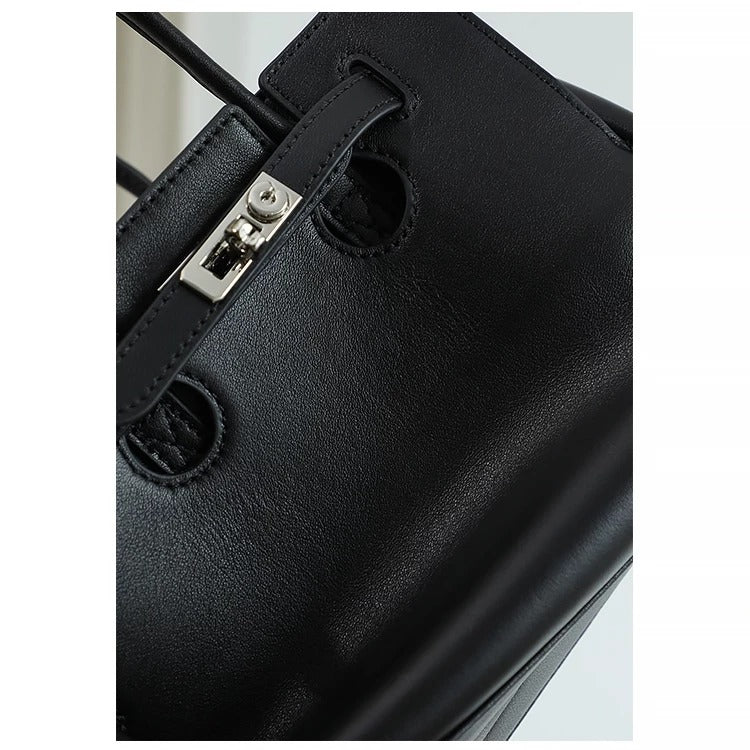 Large Smooth Cowhide Leather Handbag with Silver Lock