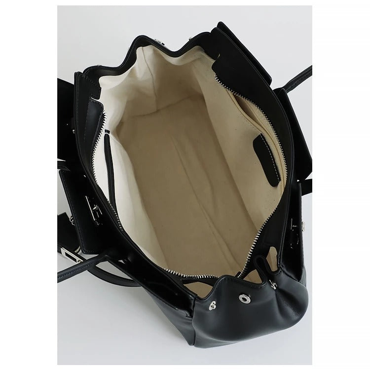 Large Smooth Cowhide Leather Handbag with Silver Lock