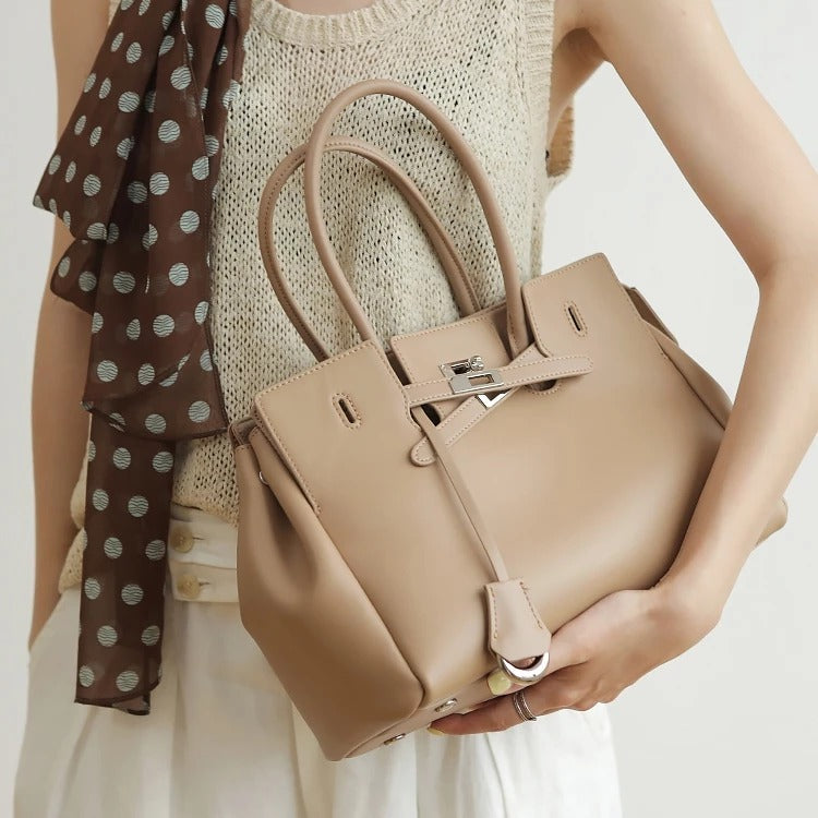 Large Smooth Cowhide Leather Handbag with Silver Lock