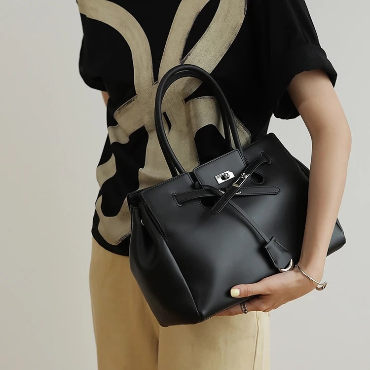 Large Smooth Cowhide Leather Handbag with Silver Lock