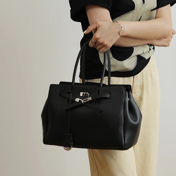 Large Smooth Cowhide Leather Handbag with Silver Lock