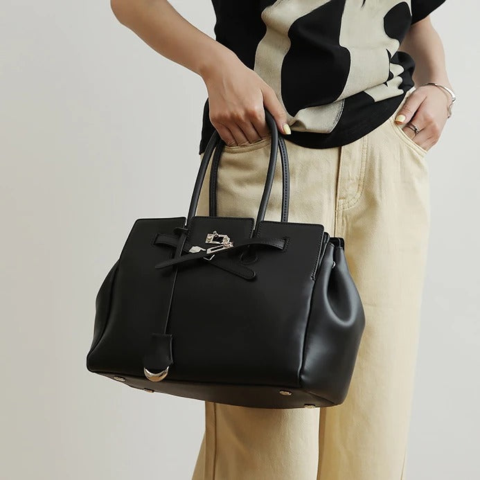 Large Smooth Cowhide Leather Handbag with Silver Lock