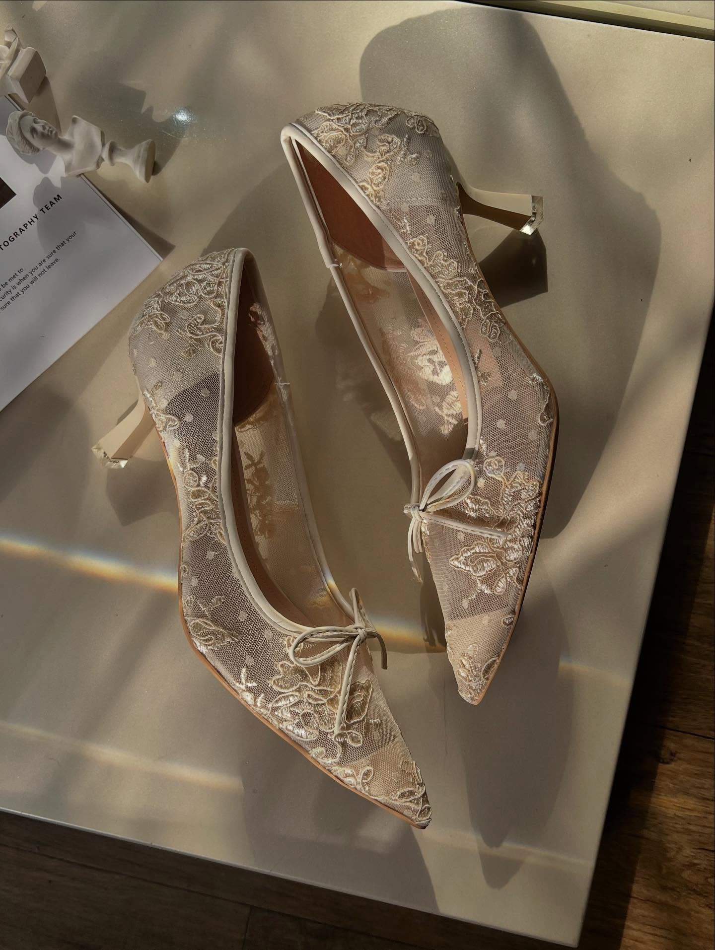 White Handmade Lace High Heels
