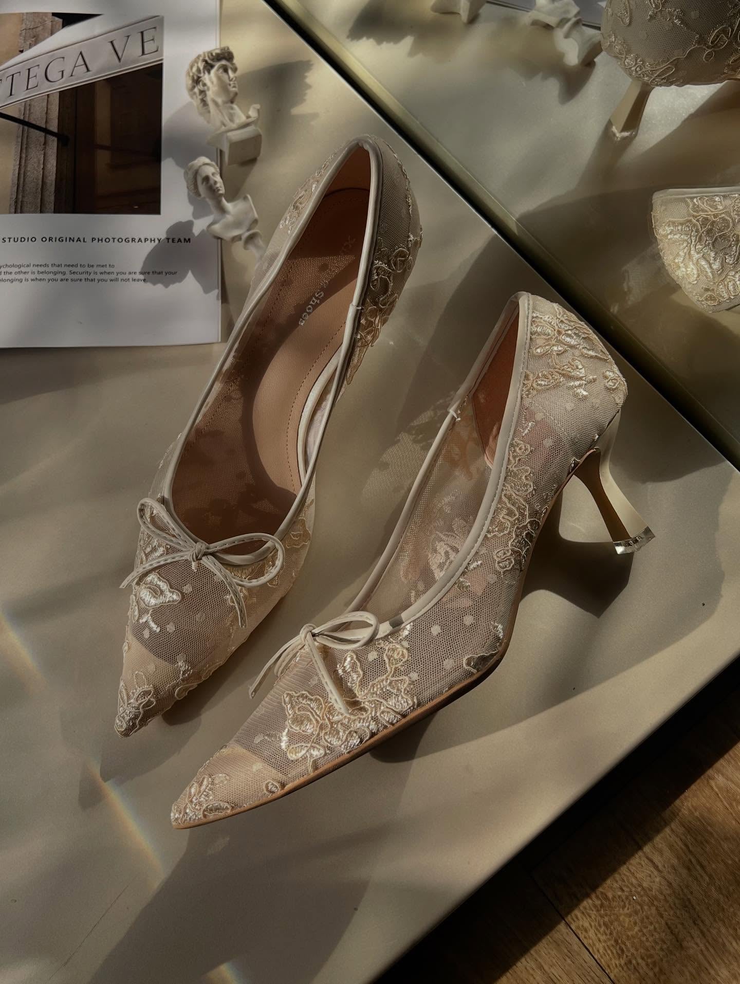 White Handmade Lace High Heels