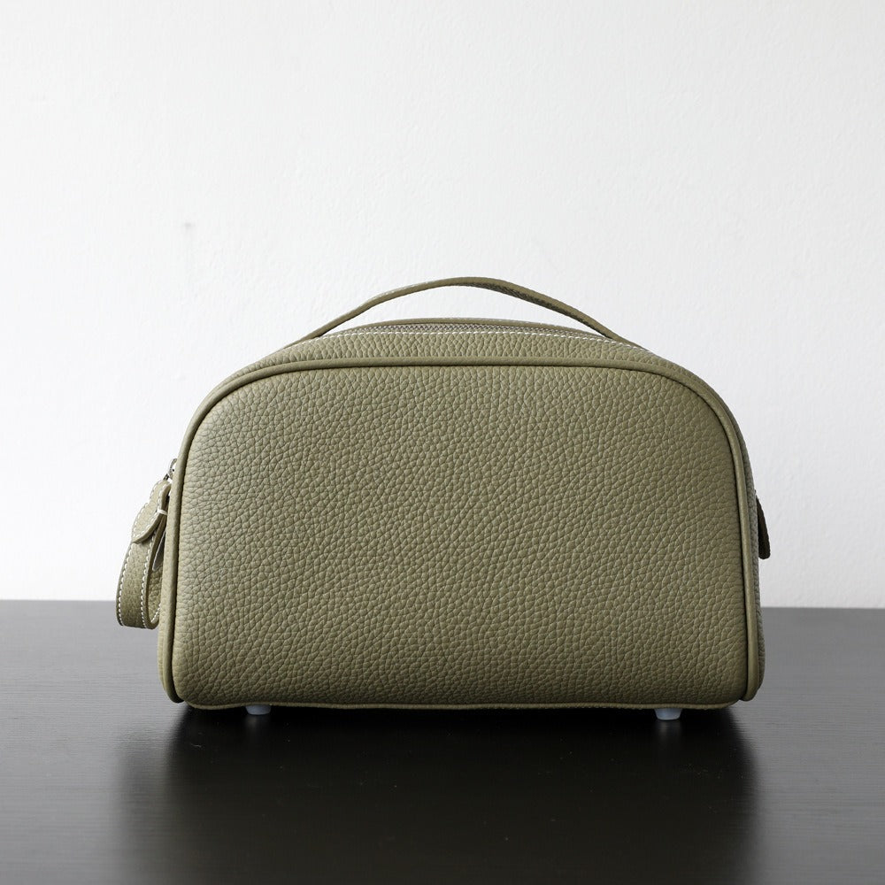 Double-Zip Handheld Cowhide Leather Bag