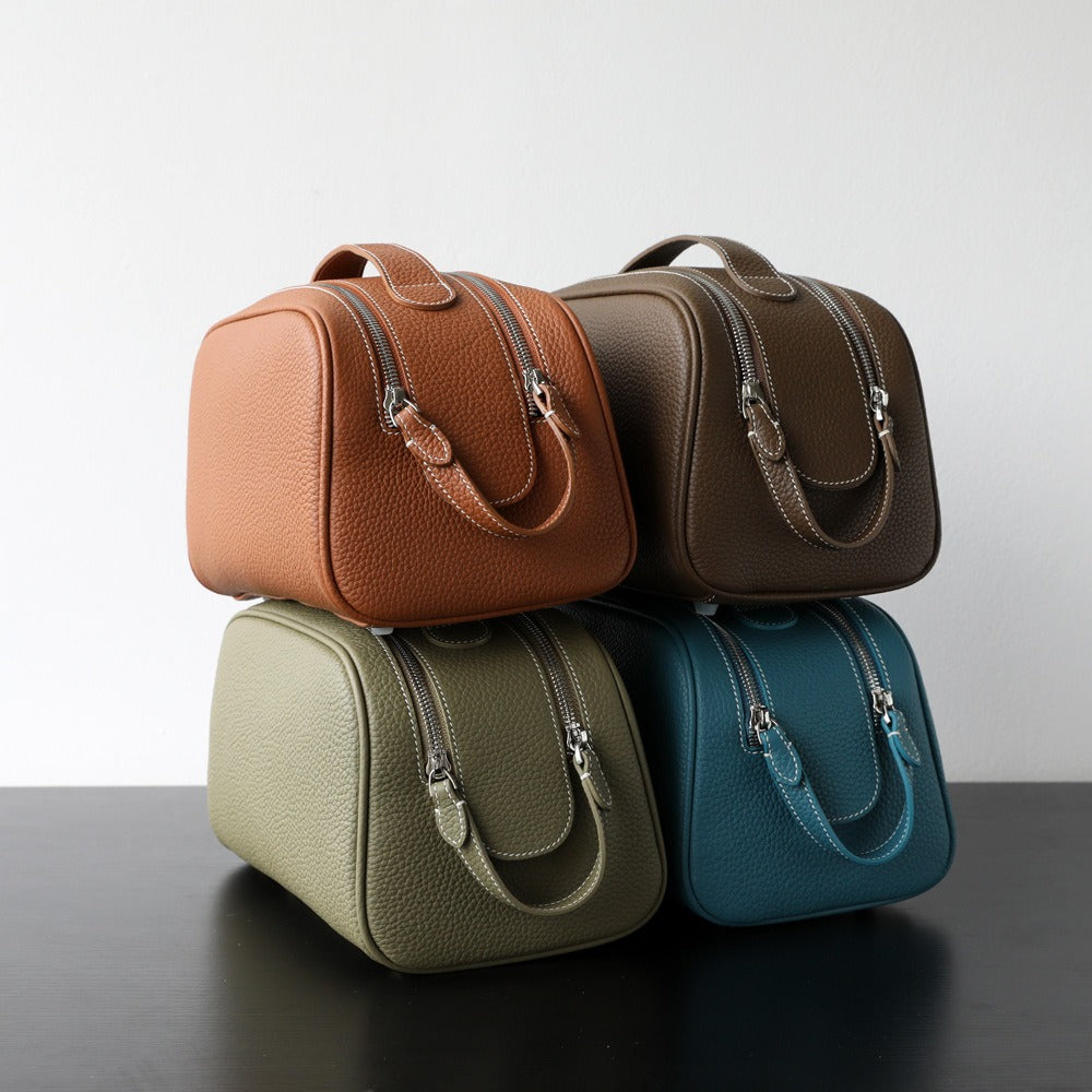 Double-Zip Handheld Cowhide Leather Bag