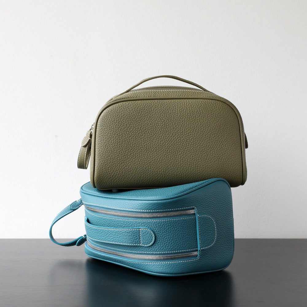 Double-Zip Handheld Cowhide Leather Bag