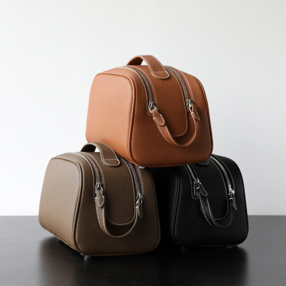 Double-Zip Handheld Cowhide Leather Bag