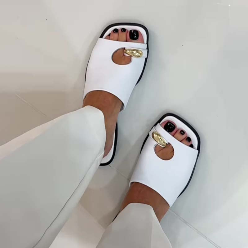 Square-head Hollowed Out Flat Slippers