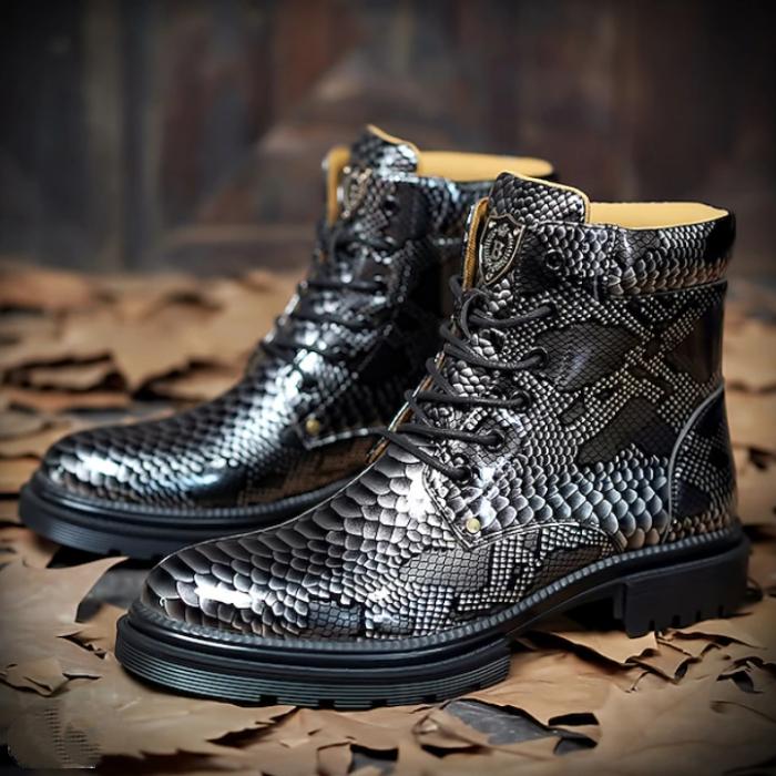 Men's Python-Print Patent Leather Ankle Boots With Lace-Up Design