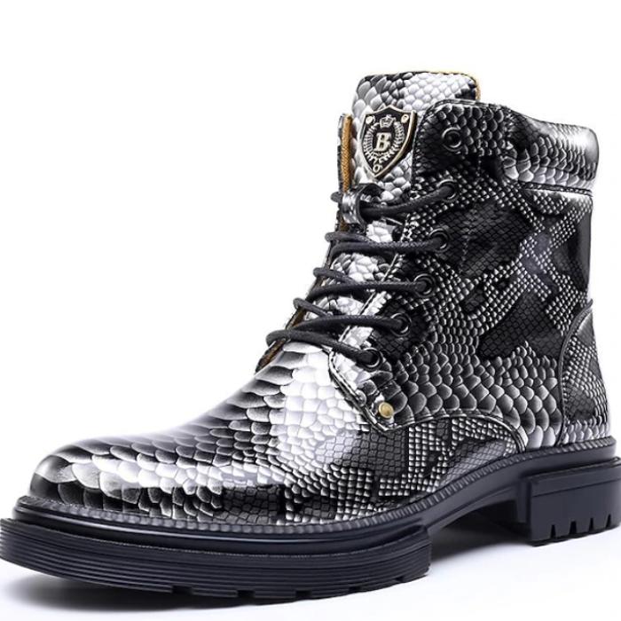 Men's Python-Print Patent Leather Ankle Boots With Lace-Up Design