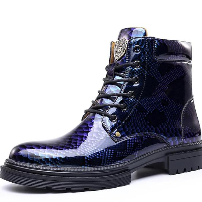 Men's Python-Print Patent Leather Ankle Boots With Lace-Up Design