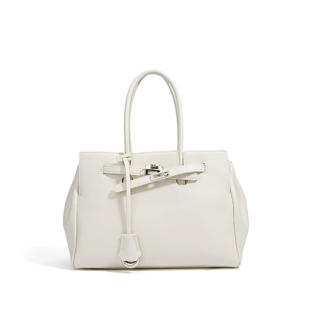 Large Smooth Cowhide Leather Handbag with Silver Lock