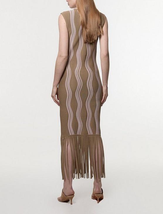 Contrast Wave Knit Dress With Fringing