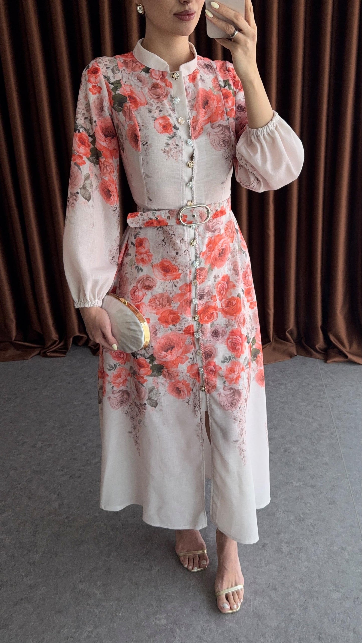 Rose Patterned Belted Midi Dress