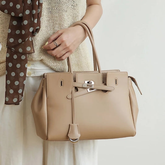 Large Smooth Cowhide Leather Handbag with Silver Lock