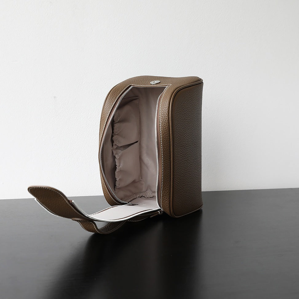 Double-Zip Handheld Cowhide Leather Bag