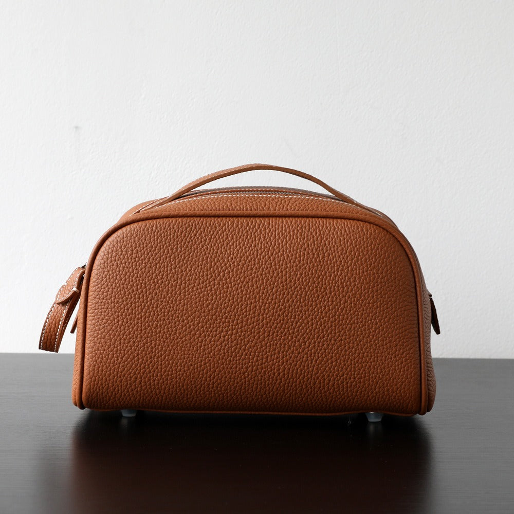 Double-Zip Handheld Cowhide Leather Bag