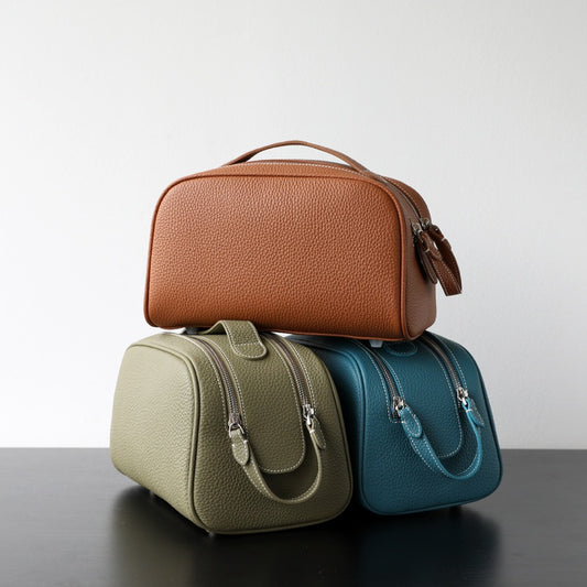 Double-Zip Handheld Cowhide Leather Bag