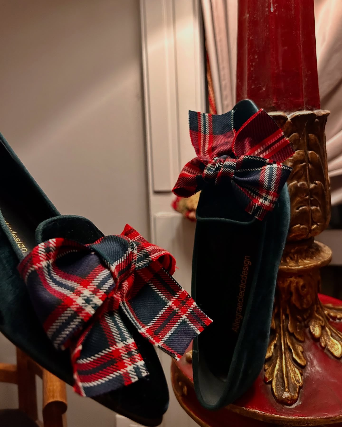 Checkered Bow Emerald Velvet Loafers