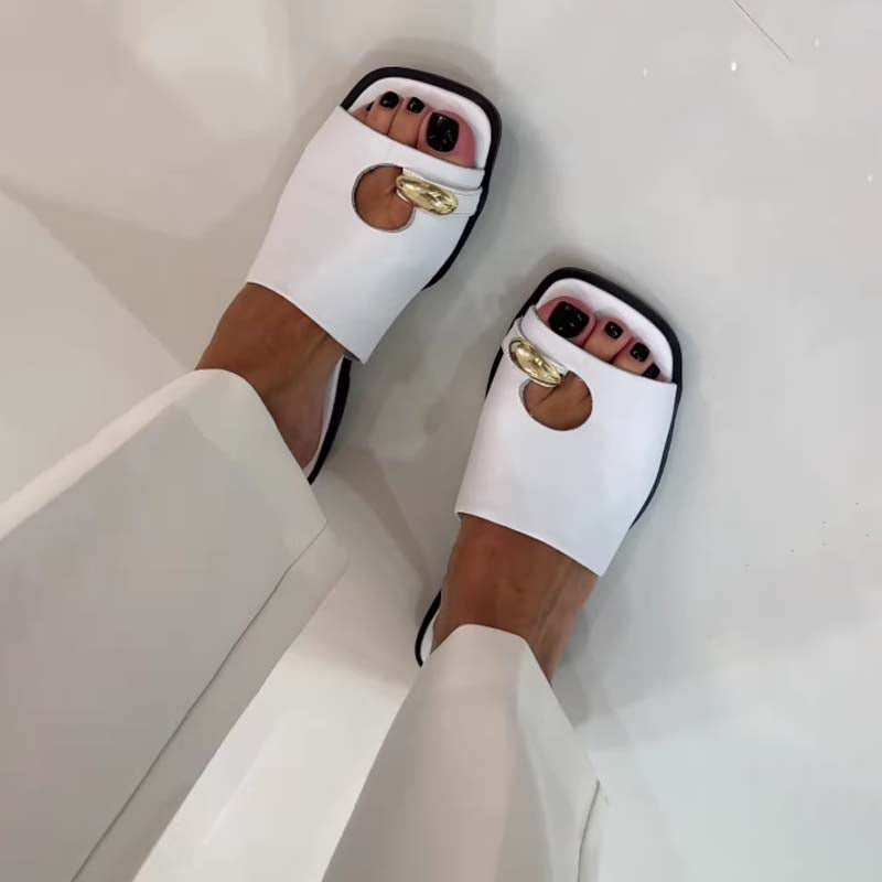 Square-head Hollowed Out Flat Slippers
