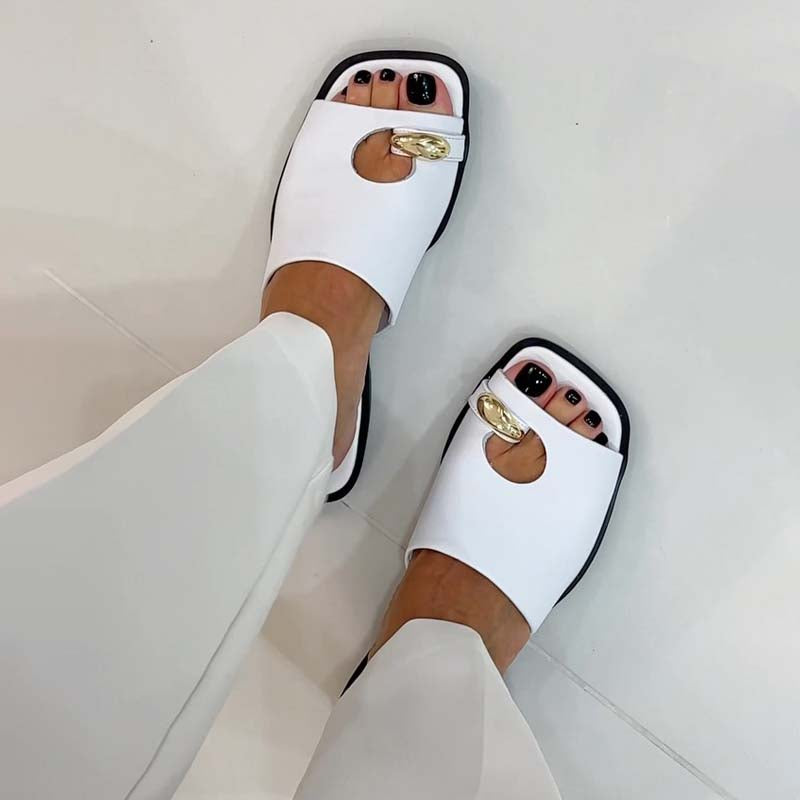 Square-head Hollowed Out Flat Slippers
