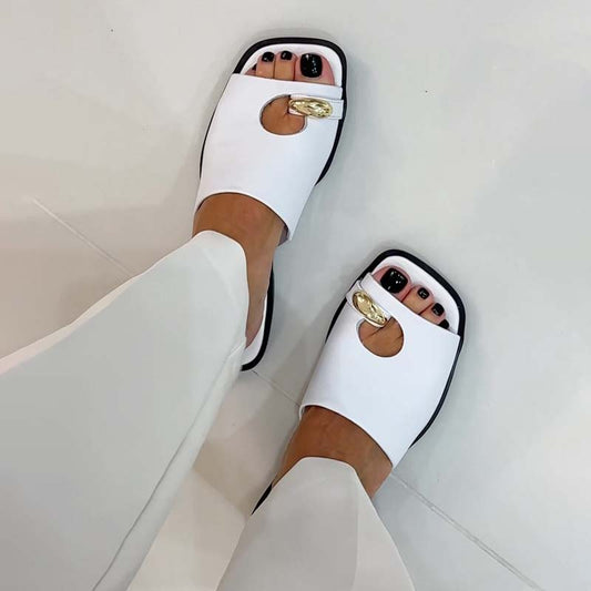 Square-head Hollowed Out Flat Slippers