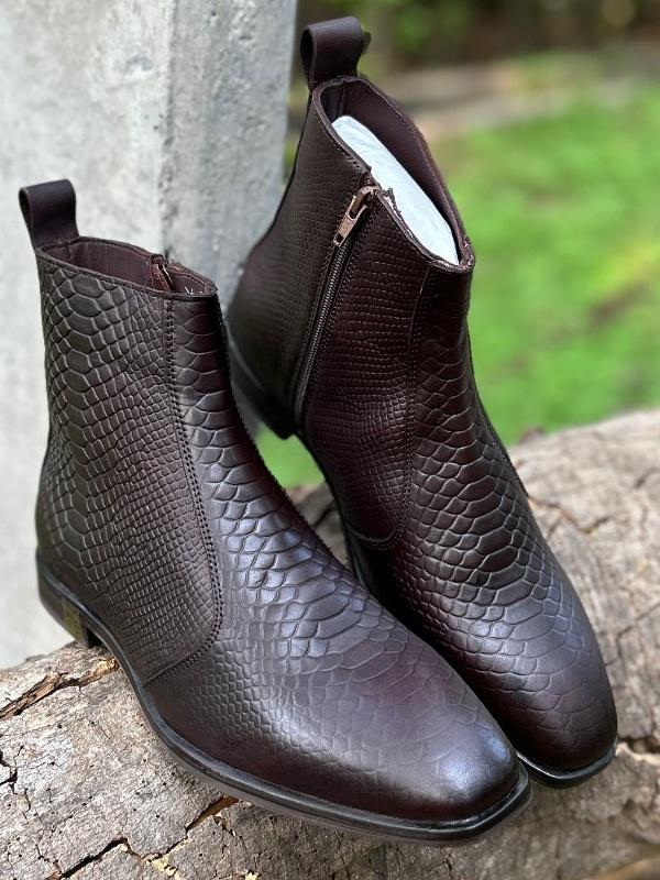 Brown Corodile And Snake Print Leather Chelsea Boots