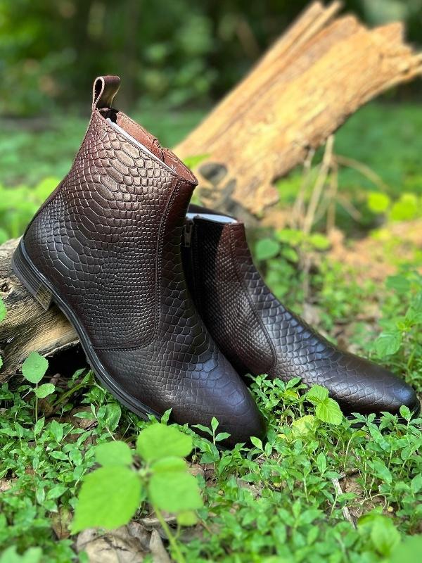 Brown Corodile And Snake Print Leather Chelsea Boots