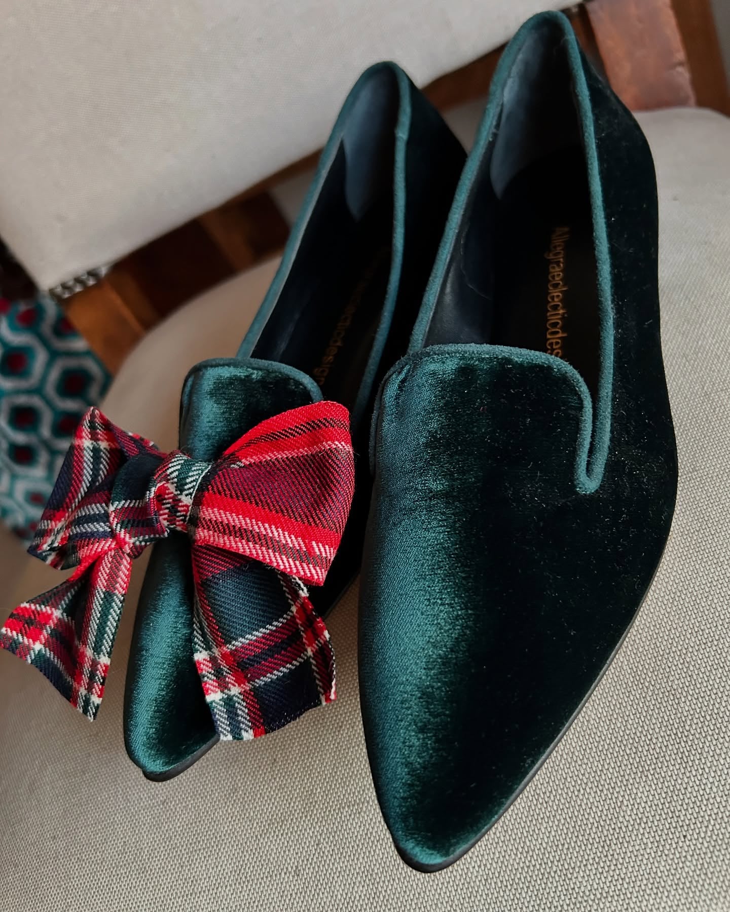Checkered Bow Emerald Velvet Loafers