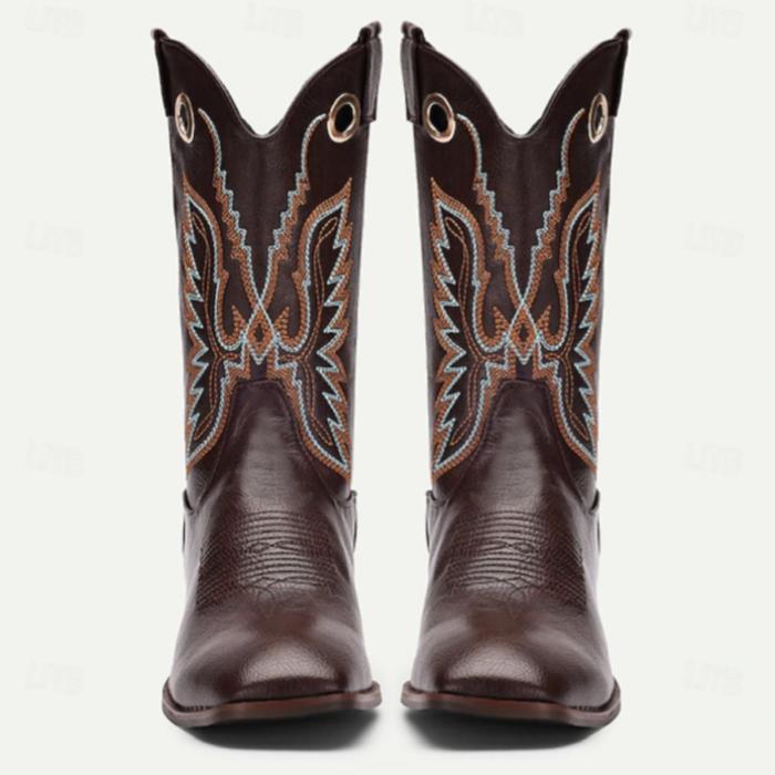 Men's Brown Western Cowboy Boots With Embroidered Detailing & Metal Eyelets